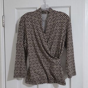 J. McLaughlin Beige and Black Geometric Drape Wrap Blouse Size S